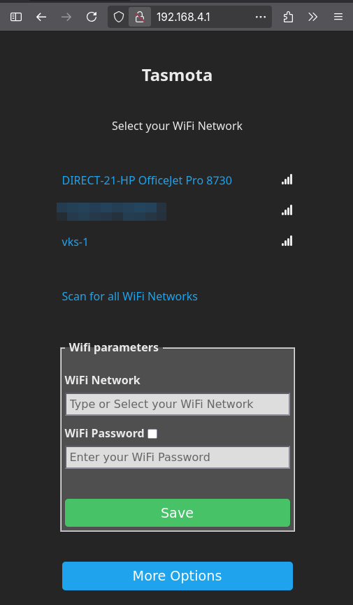 Tasmota wifi configuration screen